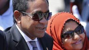 Maldivian President Yameen Abdul Gayoom , right, and wife Fathimath Ibrahim arrive in Colombo, Sri Lanka, Tuesday, Jan. 21, 2014. Gayoom is on a three-day official visit to Sri Lanka. Source: AP Photo/Eranga Jayawardena.
